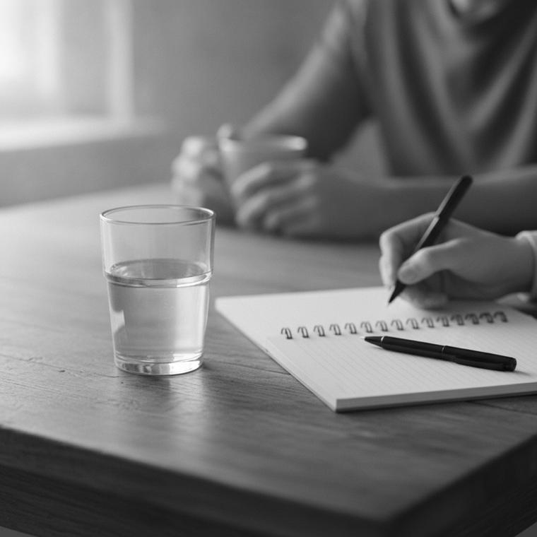 A person writing in a notebook beside a glass of water